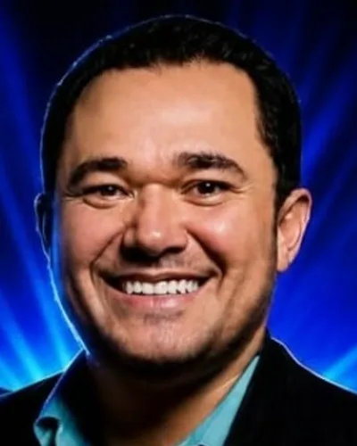Stênio Galindo sorrindo, de paletó escuro e camisa azul